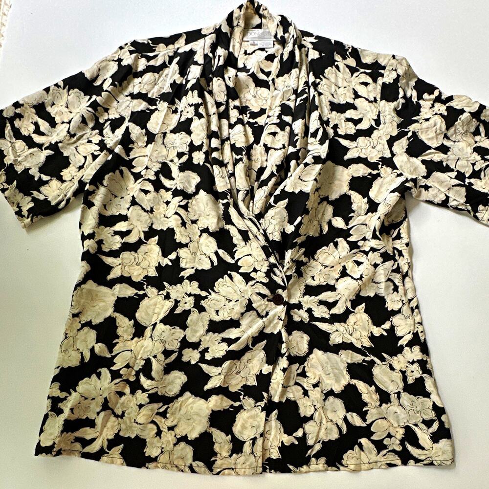 Doncaster Womens Silk Satin Floral Long Sleeve V Neck Button Blouse Size 6